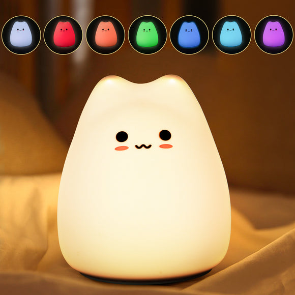 XIFEINIU LED Cat Night Light for Kids, Cute Nursery Color Changing Kids Night Light with Tap Control, Battery Powered Portable Squishy Silicone Soft Cat Lamp for Baby Girls Boys Toddler Children Bedroom (Cute)