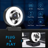 XIFEINIU 2K Ultra HD Webcam with Ring Light, Plug and Play Web Camera with Microphone, 2-Color Light, Adjustable Brightness, Autofocus USB Streaming Webcam for YouTube, Skype, Facebook, Xbox, Streamer, Zoom