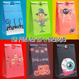 XIFEINIU 60 PCS Halloween Treat Bags, 6 Assorted Designs Paper Trick or Treat Candy Bags Goodie Bags for Kids, 8.7"x4.7"x3.2" Larger Candy Gift Bags with Stickers for Halloween Party Favor Toy Supplies